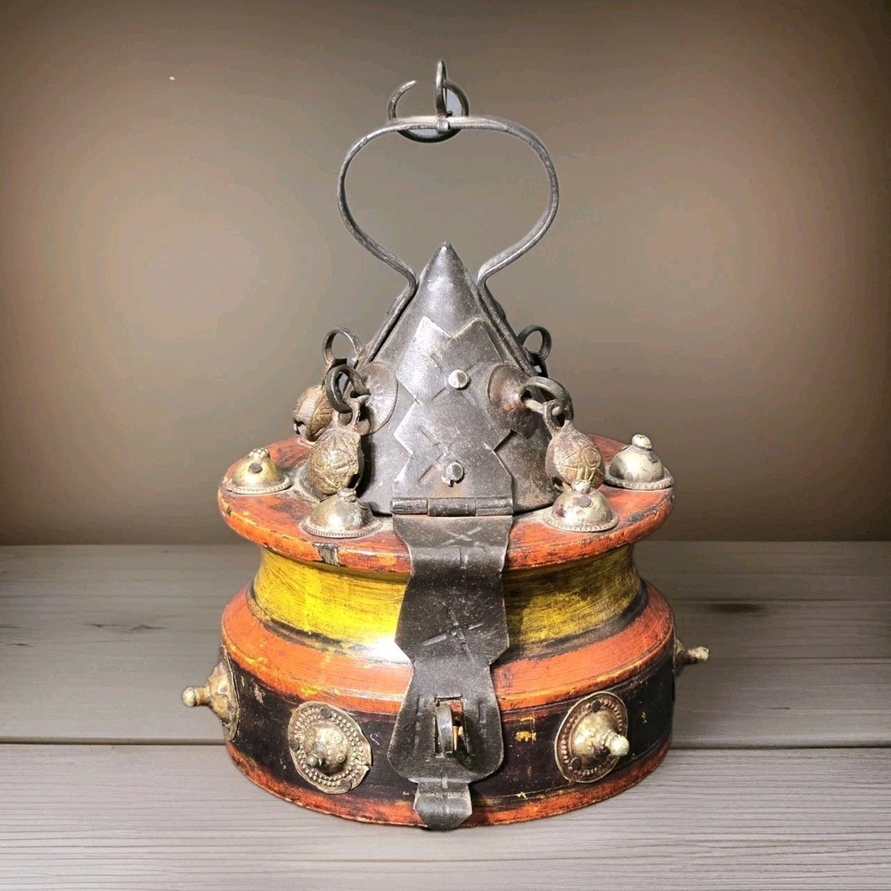 19th C Antique Indian Temple Hanging Oil Lamp Hand Painted Wood & Brass